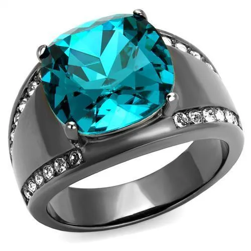 IP Light Black (IP Gun) Stainless Steel Ring with Top Grade Crystal in Blue Zircon for Women Style TK2678