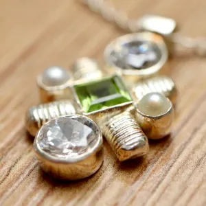 Jenny Lind Cubic Zirconia, Peridot and Pearl Silver Necklace