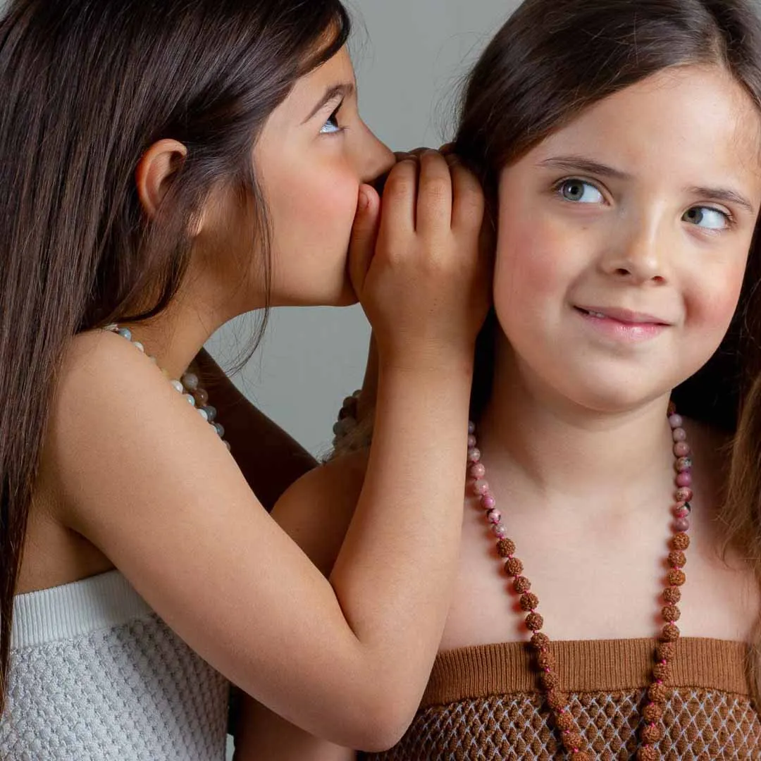 Kids Mala Beads Necklace Handmade with Rudraksha, Rhodonite and Strawberry Quartz