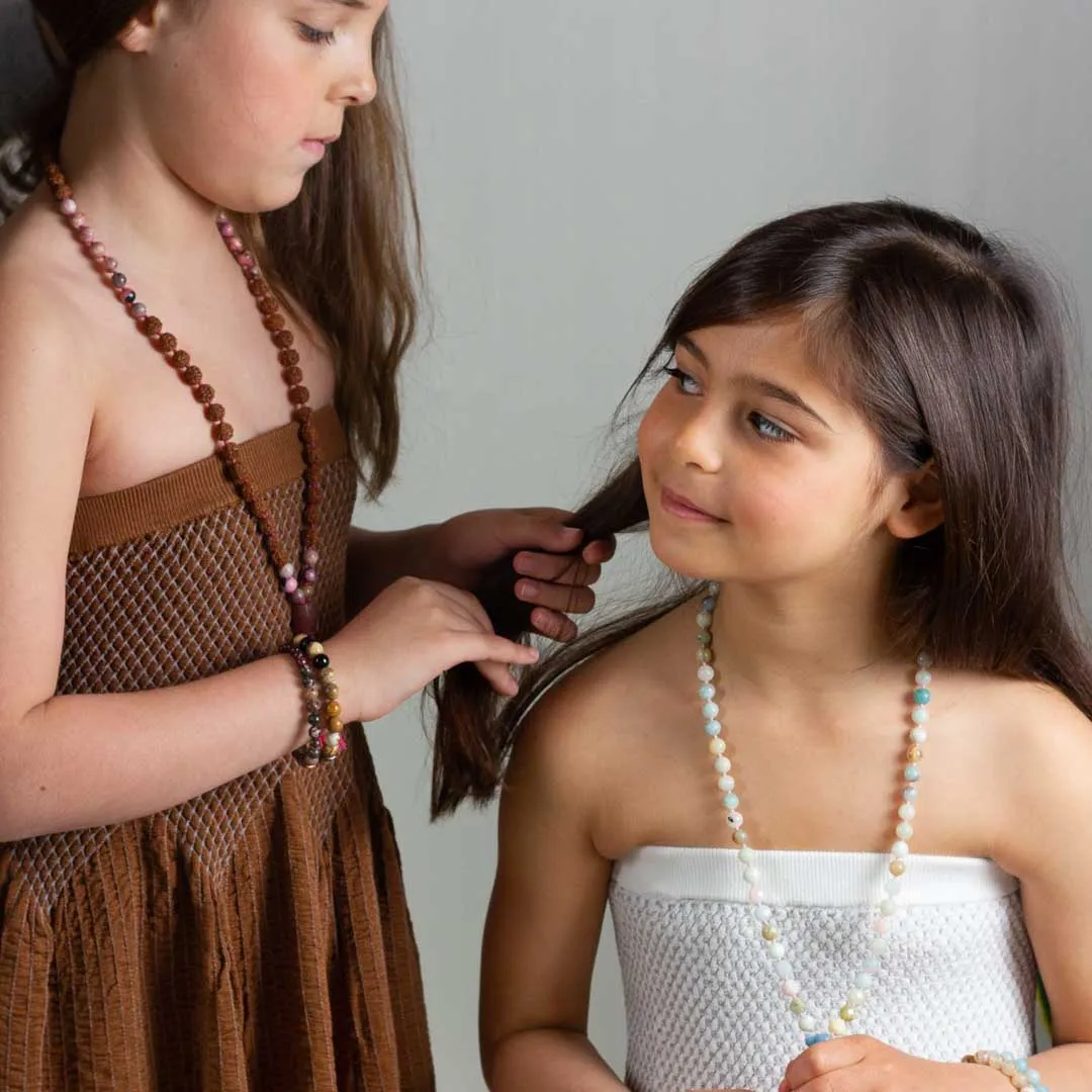 Kids Mala Beads Necklace Handmade with Rudraksha, Rhodonite and Strawberry Quartz