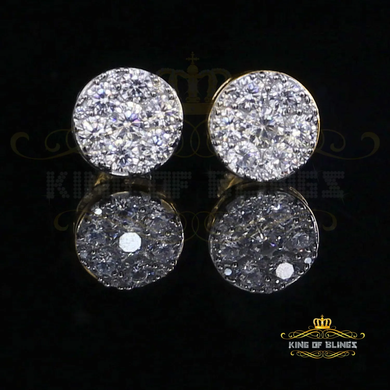 King of Bling's 3.02ct Cubic Zirconia 925 Yellow Silver Women's & Men's Hip Hop Round Earrings