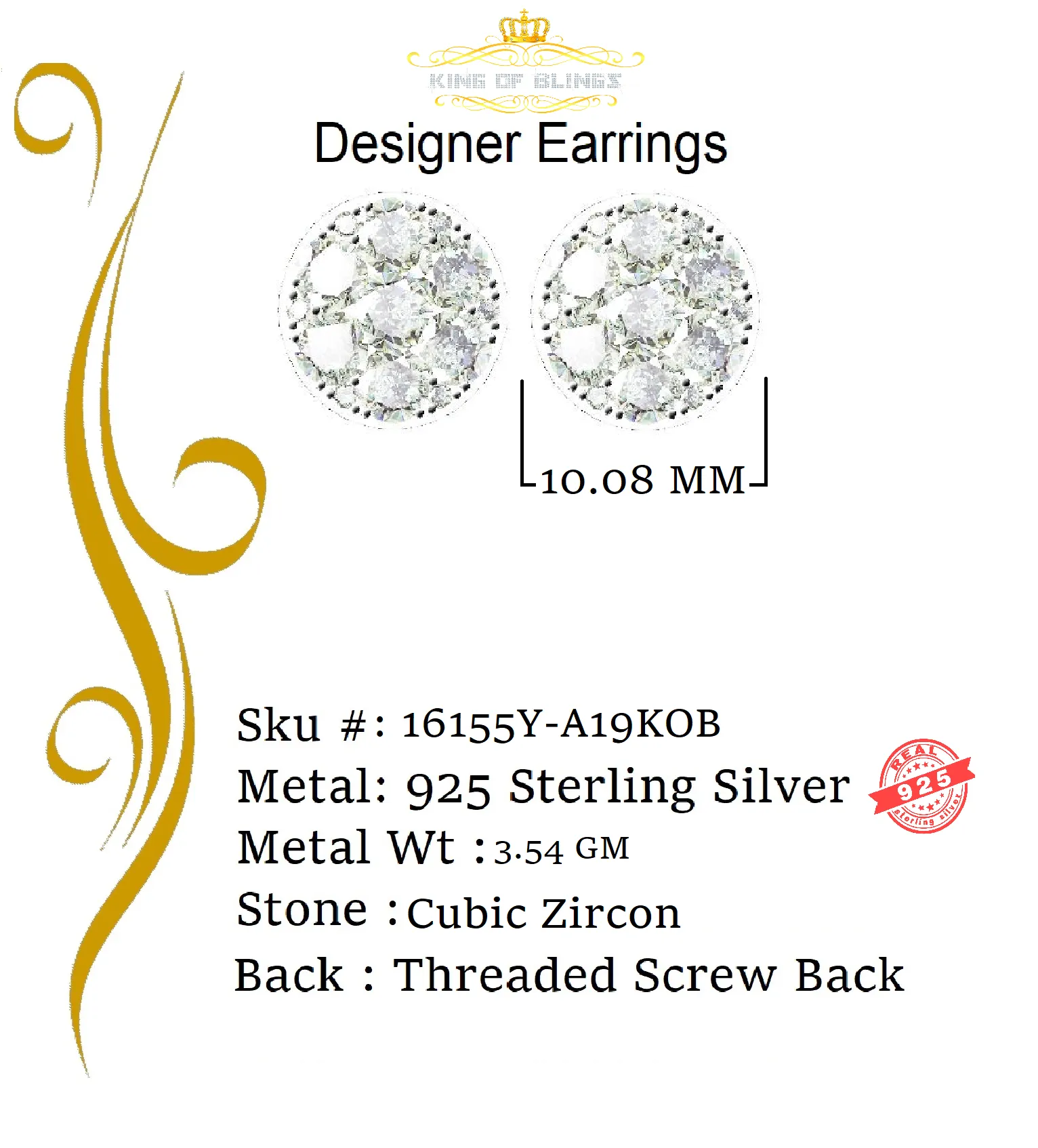 King of Bling's 3.02ct Cubic Zirconia 925 Yellow Silver Women's & Men's Hip Hop Round Earrings