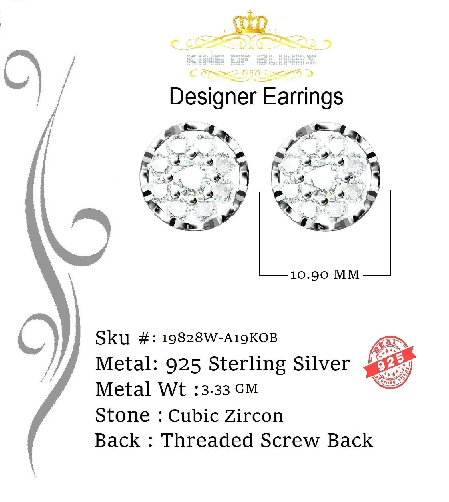 King of Blings- 3.20ct Cubic Zirconia 925 White Sterling Silver Hip Hop Flower Ladies Earrings