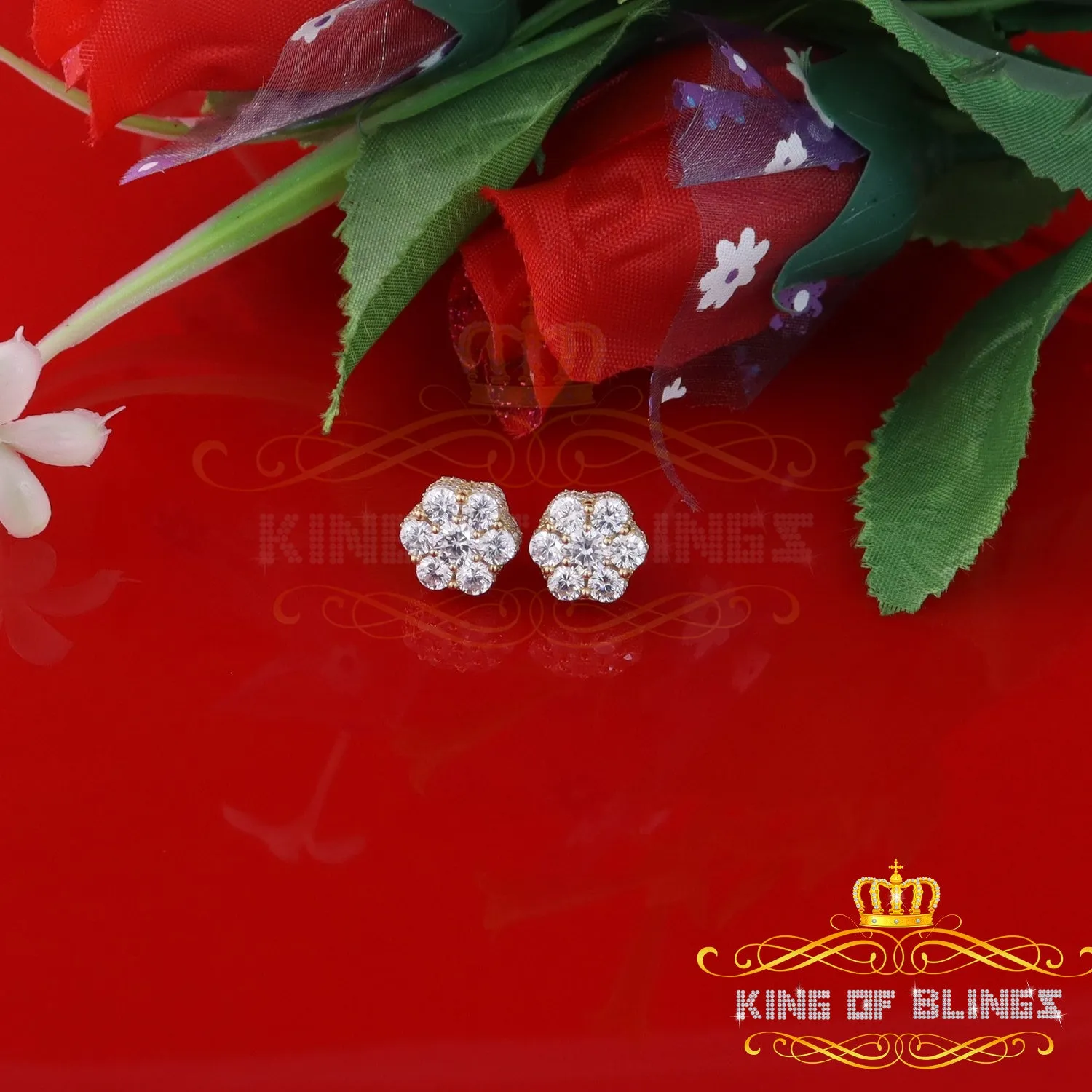 King of Bling's 8.72ct Cubic Zirconia 925 Silver Yellow For Men's & Women's Floral Style Earring