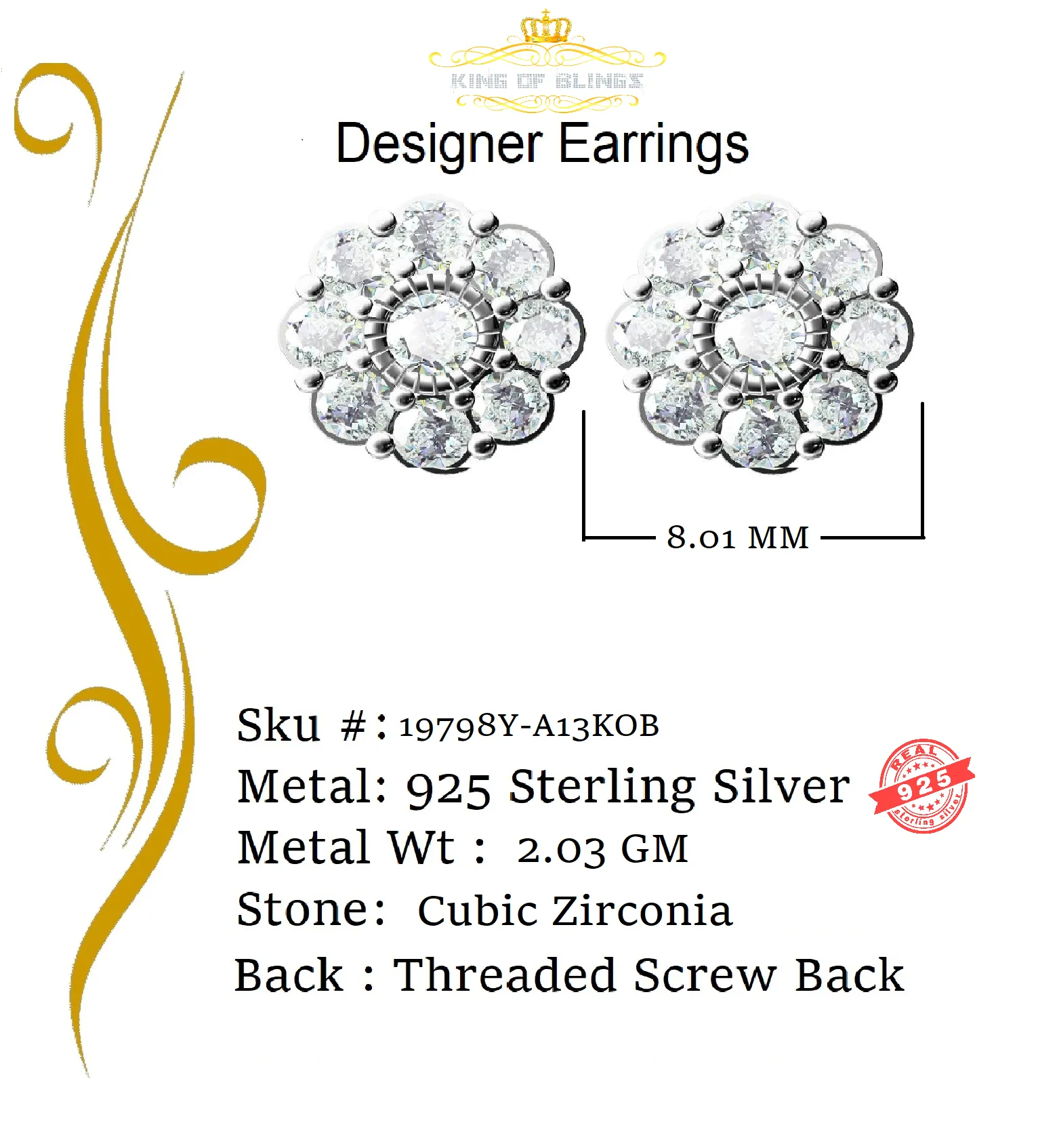 King of Bling's 925 Yellow Silver 2.1ct Cubic Zirconia Women's & Men's Hip Hop Floral Earrings