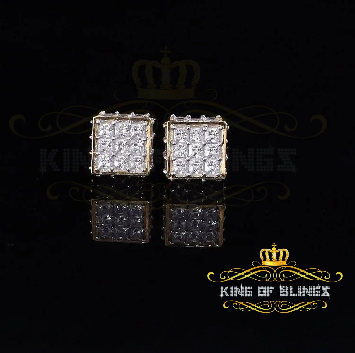 King of Bling's 925 Yellow Silver Screw Back Cubic Zirconia 5.94ct Women & Men Square Earrings