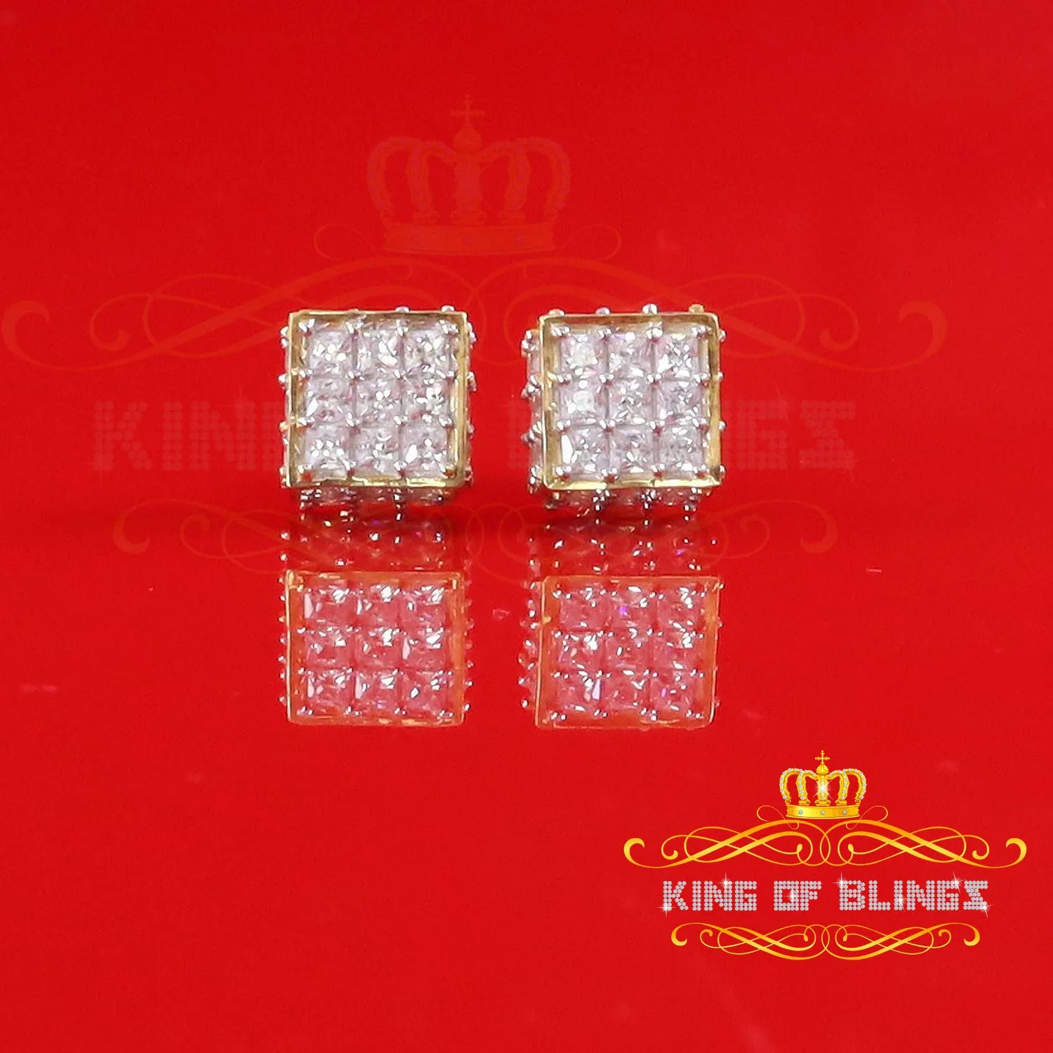 King of Bling's 925 Yellow Silver Screw Back Cubic Zirconia 5.94ct Women & Men Square Earrings