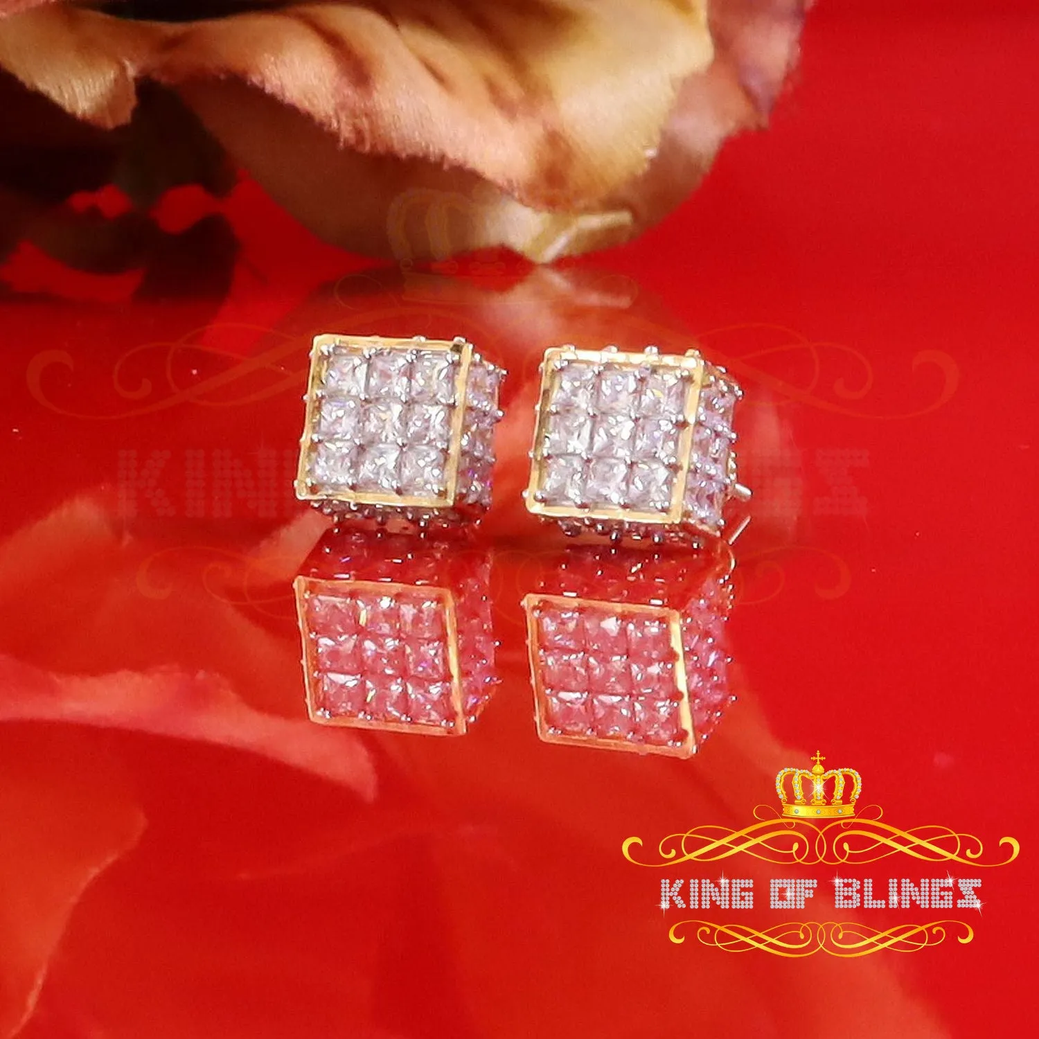 King of Bling's 925 Yellow Silver Screw Back Cubic Zirconia 5.94ct Women & Men Square Earrings