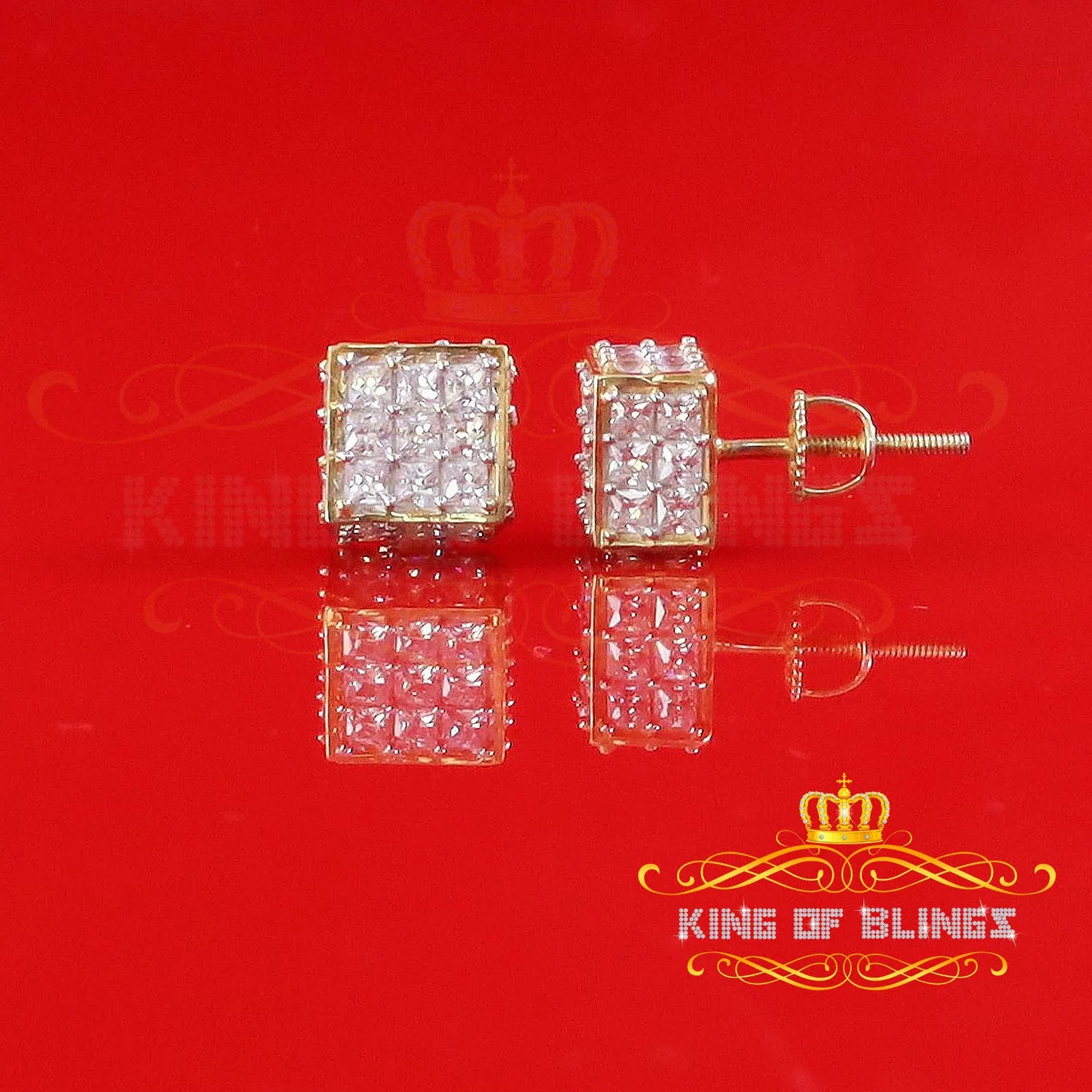 King of Bling's 925 Yellow Silver Screw Back Cubic Zirconia 5.94ct Women & Men Square Earrings