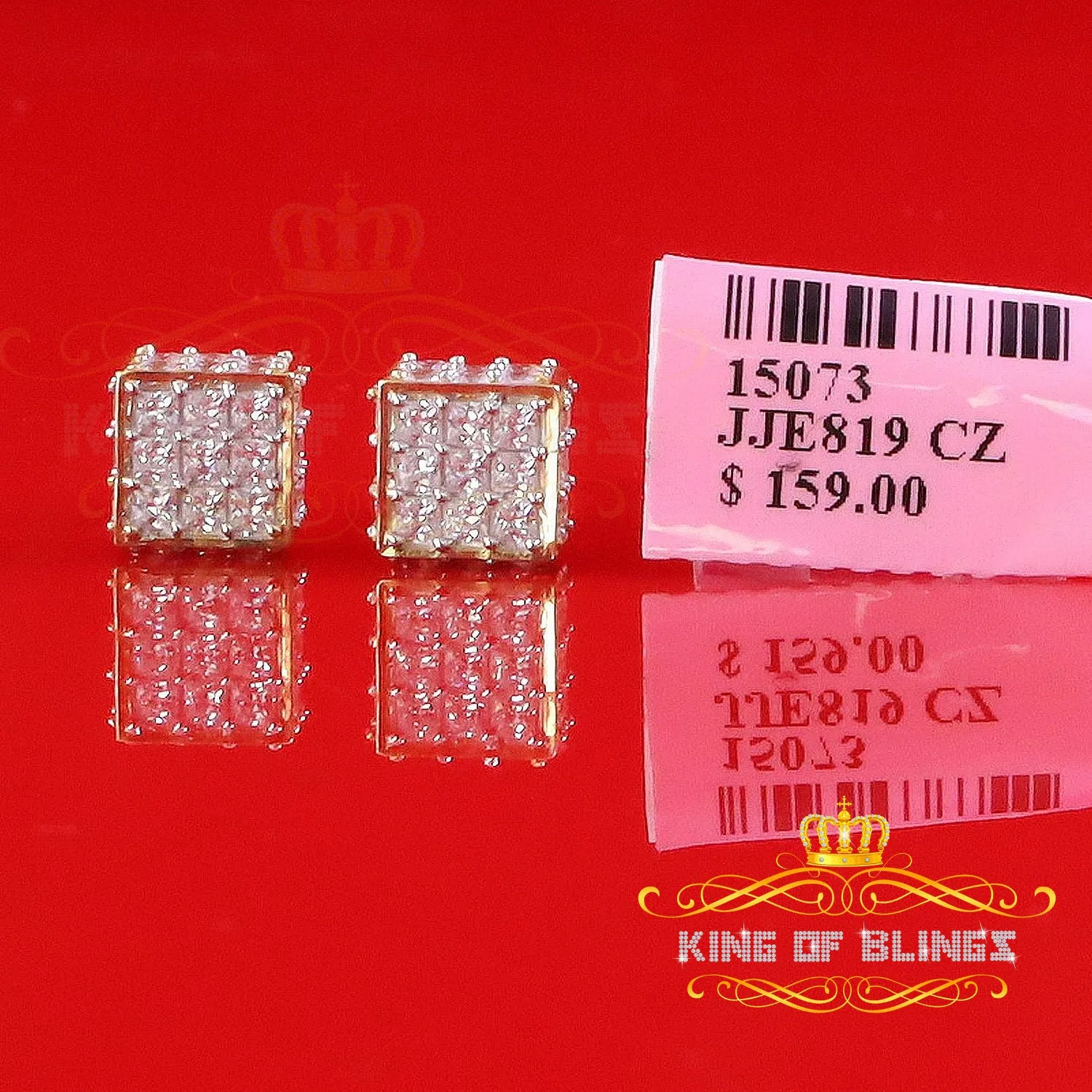 King of Bling's 925 Yellow Silver Screw Back Cubic Zirconia 5.94ct Women & Men Square Earrings