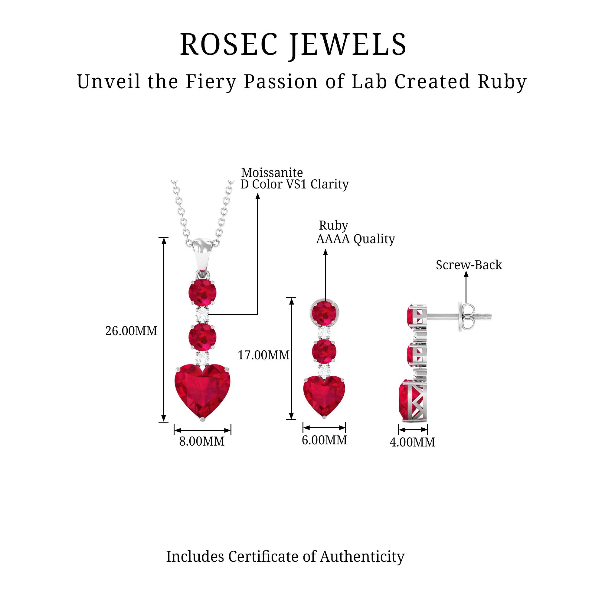 Lab Created Ruby Heart and Zircon Dangle Jewelry Set