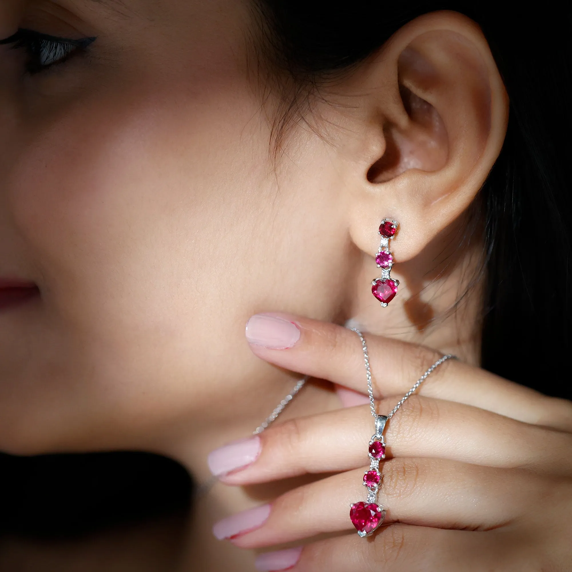 Lab Created Ruby Heart and Zircon Dangle Jewelry Set