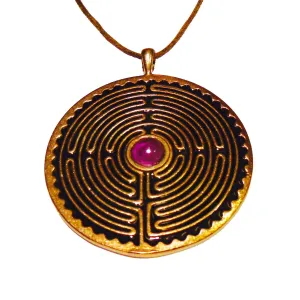 Labyrinth Peace Bronze Pendant Necklace with 6mm Amethyst Stone on Adjustable Natural Fiber Cord