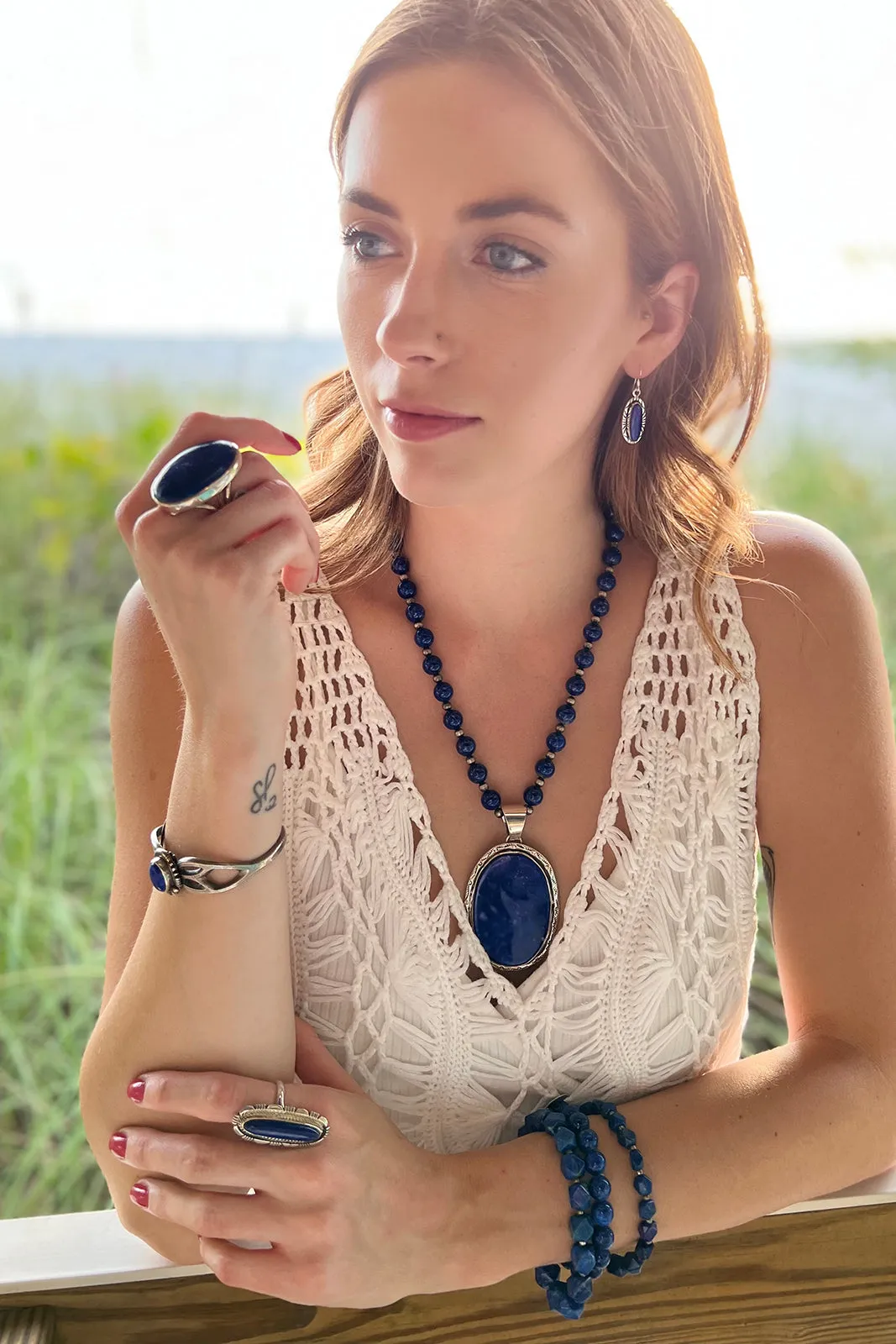 Lapis Lazuli Stretchy Bead Bracelet (Angled)