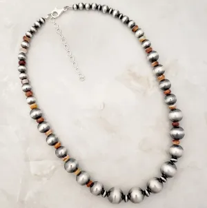 Large Navajo Pearls & Orange Spiny Oyster Graduated Necklace Sterling Silver