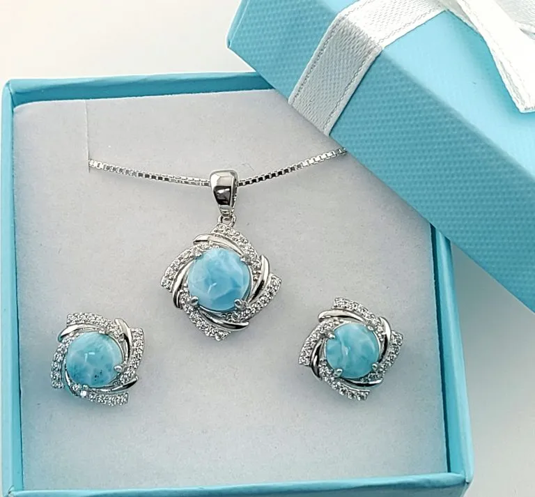 Larimar Earrings And Necklace Set With White Sapphire Accents(Box Chain Included)