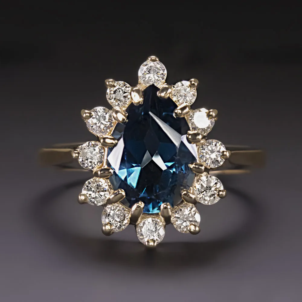 LONDON BLUE TOPAZ DIAMOND COCKTAIL RING 14k YELLOW GOLD HALO PEAR SHAPE NATURAL