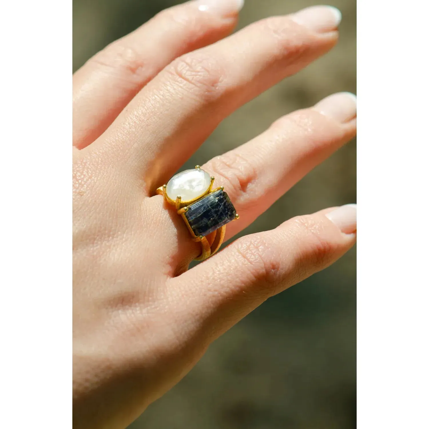 Marcia Moran Moreda Statement Ring with Double Stone - Mother of Pearl & Rose Quartz