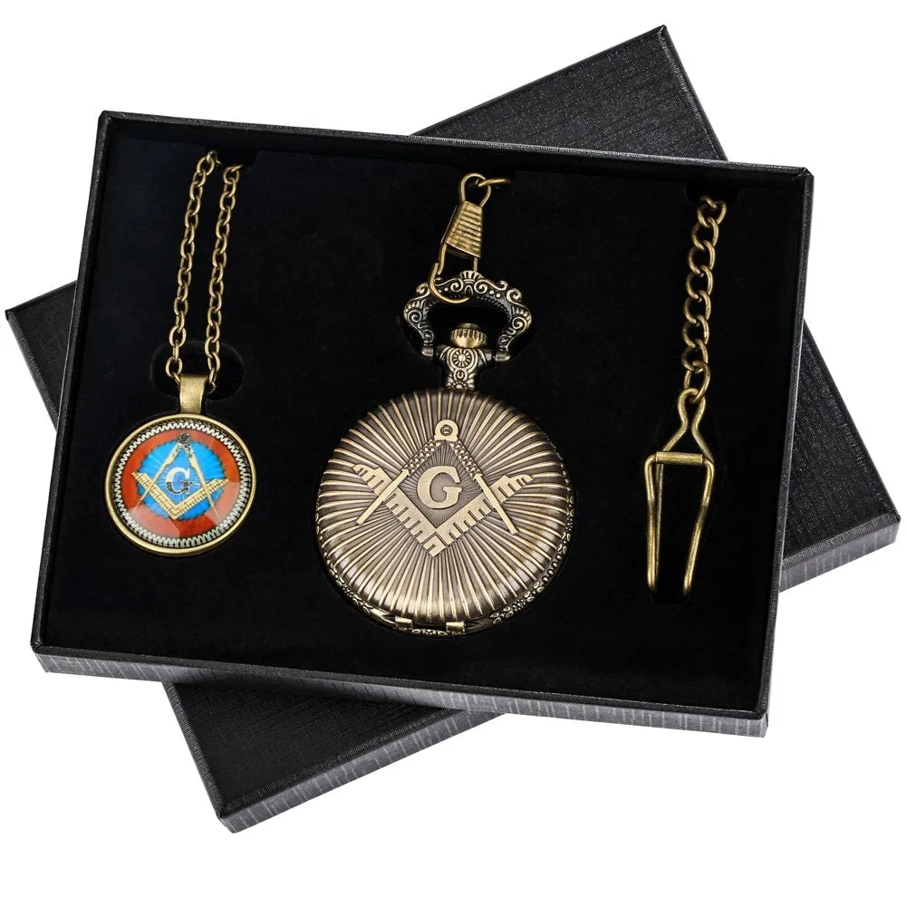 Master Mason Blue Lodge Pocket Watch - Antique Square & Compass G Quartz