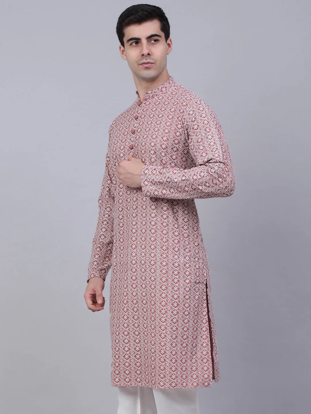 Men's Coral Red & White Embroidered Straight Kurtas ( Ko 626 Coral ) - Virat Fashions