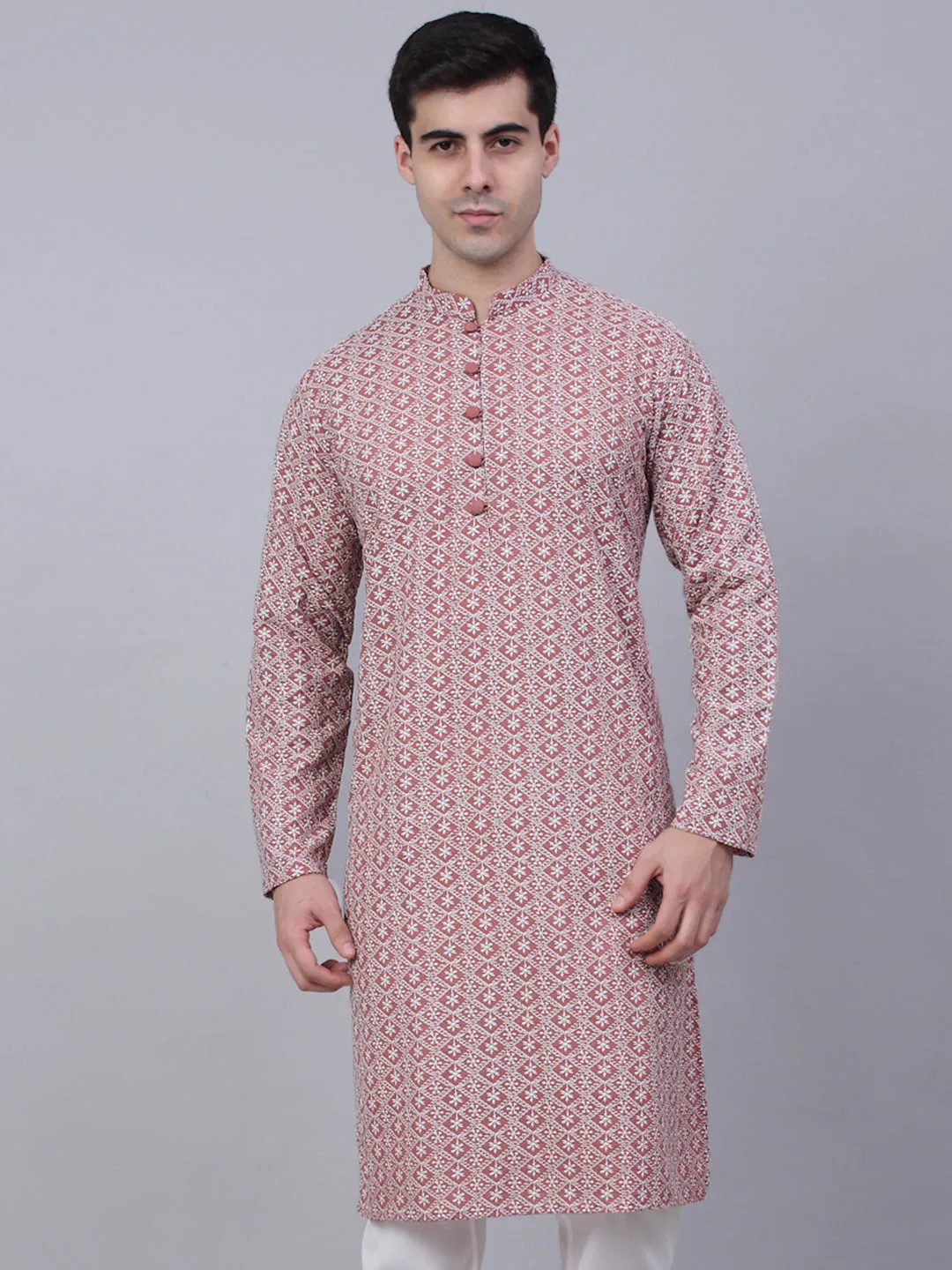 Men's Coral Red & White Embroidered Straight Kurtas ( Ko 626 Coral ) - Virat Fashions