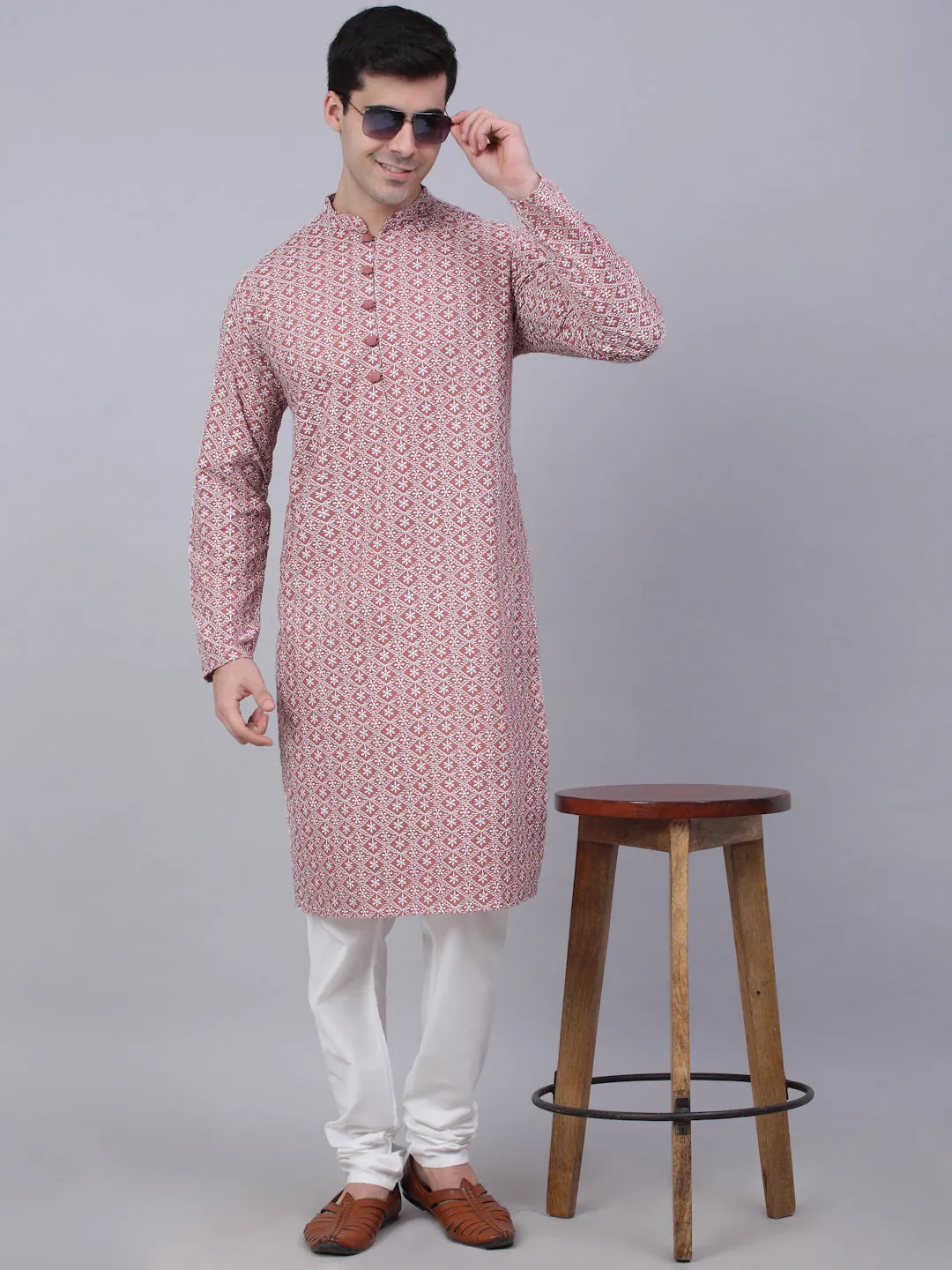 Men's Coral Red & White Embroidered Straight Kurtas ( Ko 626 Coral ) - Virat Fashions