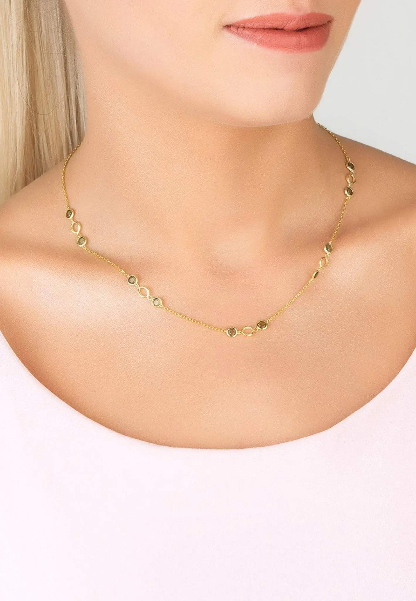 Milan Link Gemstone Necklace Gold Peridot