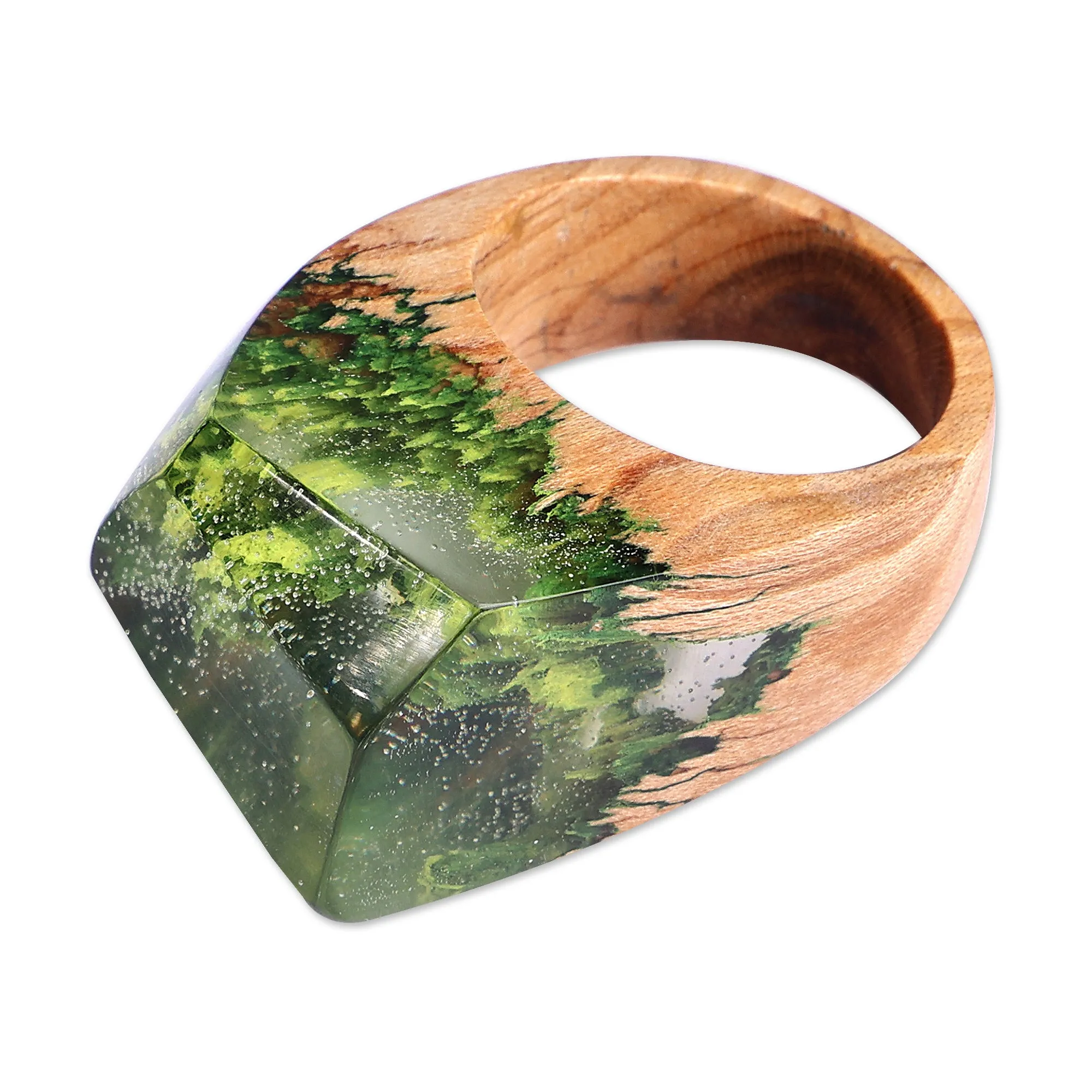 Nature-Themed Resin Pear Wood Cocktail Ring from Armenia - River Dream | NOVICA