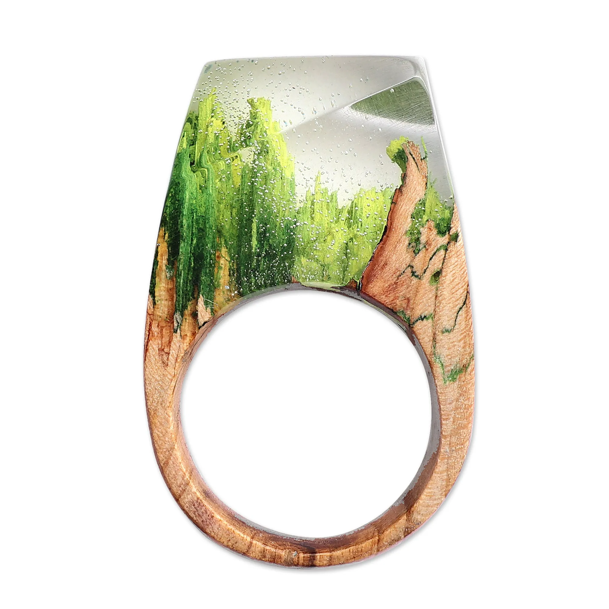 Nature-Themed Resin Pear Wood Cocktail Ring from Armenia - River Dream | NOVICA