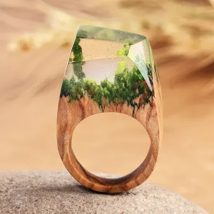 Nature-Themed Resin Pear Wood Cocktail Ring from Armenia - River Dream | NOVICA