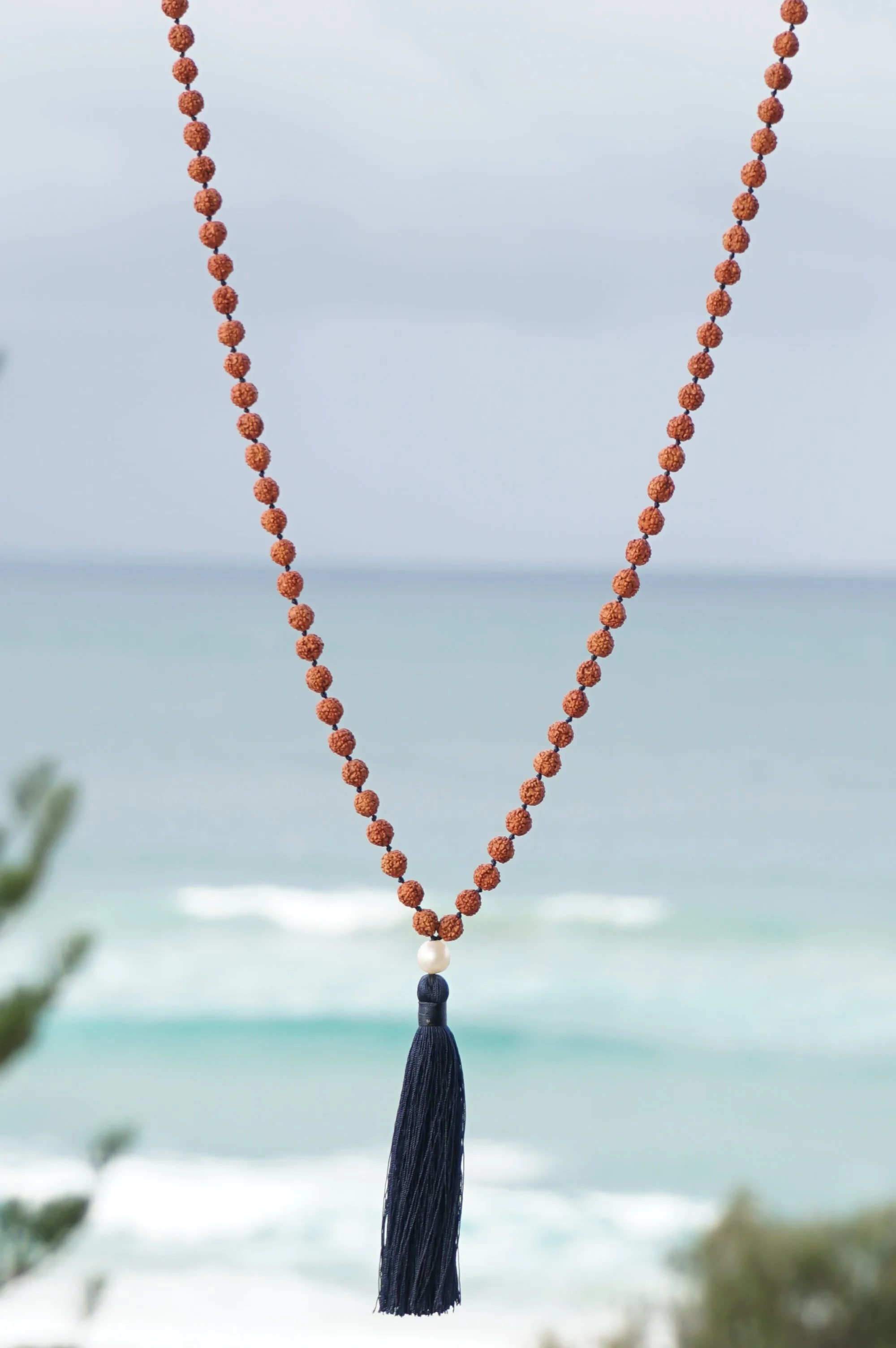 Navy and Tan Pearl and Seed Tassel Necklace