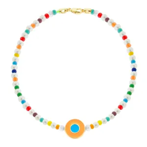 Neon Orange Enameled Evil Eye Disk Beaded Bracelet with Clasp