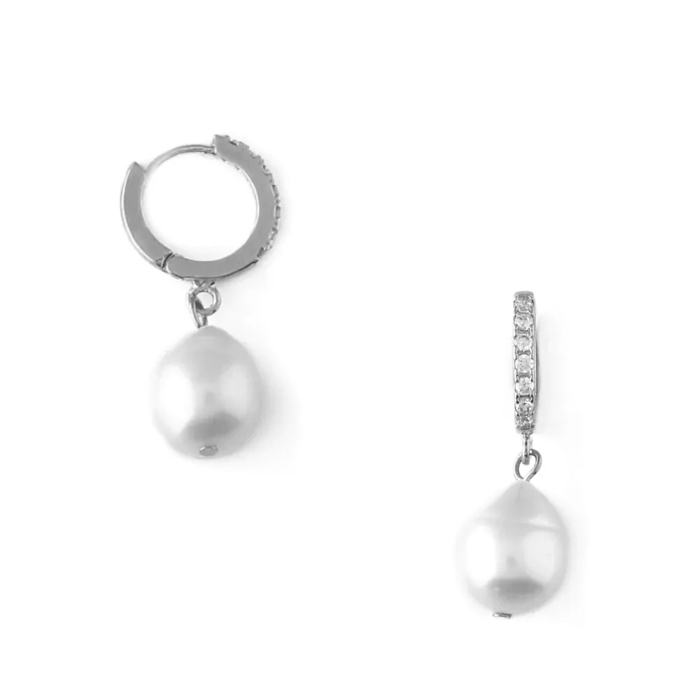 Orelia Pearl Drop Pave Huggie Hoop Earrings