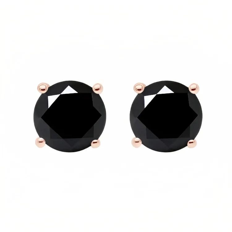 Paris Jewelry 18k Rose Gold 2 Pair Created Black Sapphire 4mm, 6mm Round & Princess Cut Stud Earrings Plated