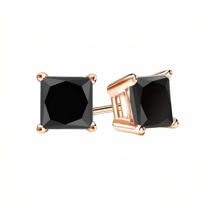 Paris Jewelry 18k Rose Gold 2 Pair Created Black Sapphire 4mm, 6mm Round & Princess Cut Stud Earrings Plated