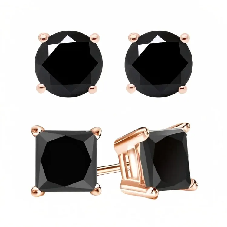 Paris Jewelry 18k Rose Gold 2 Pair Created Black Sapphire 4mm, 6mm Round & Princess Cut Stud Earrings Plated