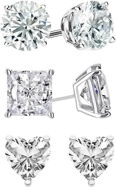 Paris Jewelry 18k White Gold 4Cttw Created White Sapphire 3 Pair Round, Square And Heart Stud Earrings Plated