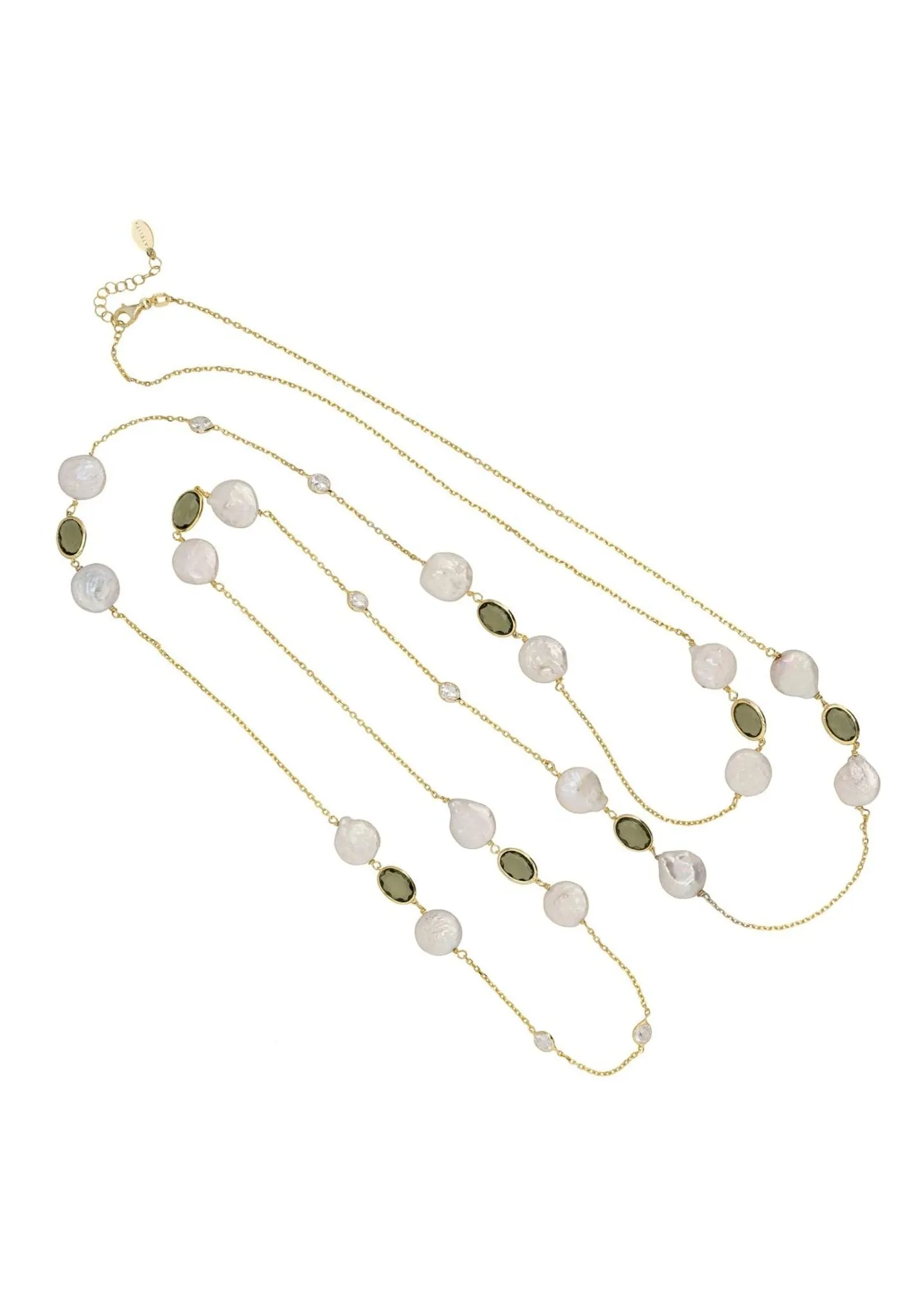 Pavia 120cm Long Pearl Necklace Gold Peridot