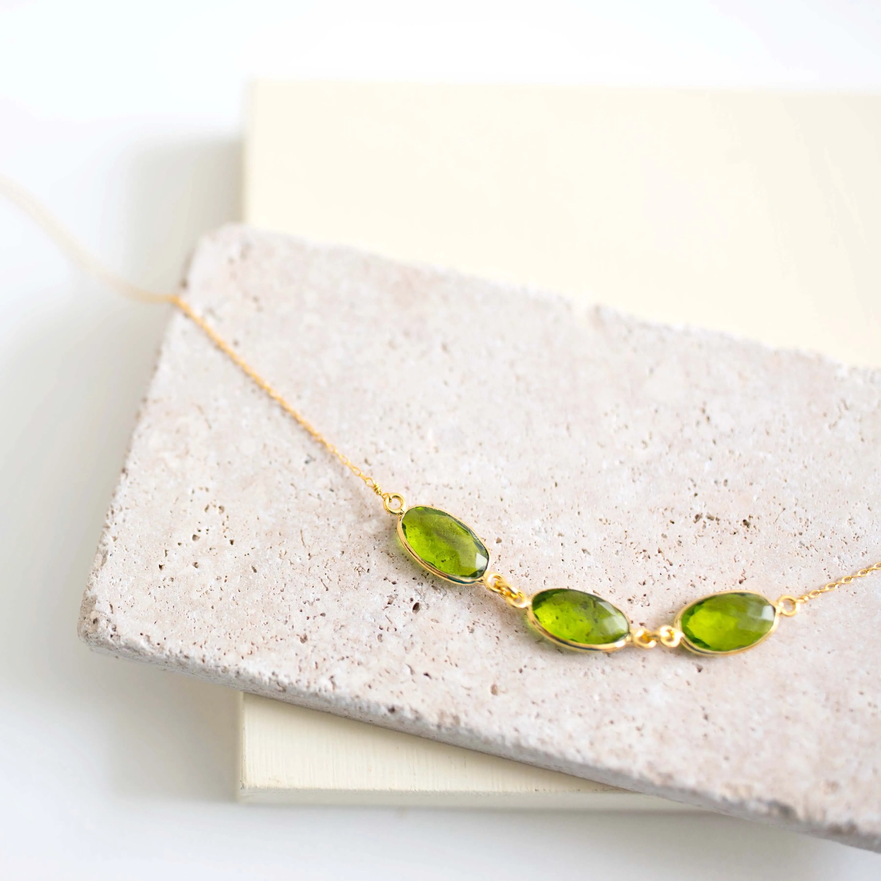 Peridot Quartz 3-Bezel Necklace