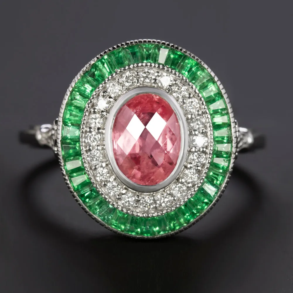 PINK SAPPHIRE DIAMOND EMERALD COCKTAIL RING DOUBLE HALO NATURAL 14k WHITE GOLD