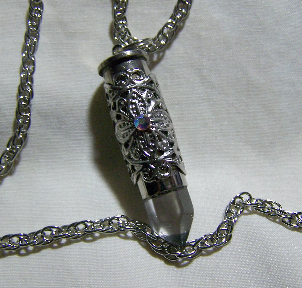 Quartz Crystal Filigree Silver Bullet Pendant Necklace