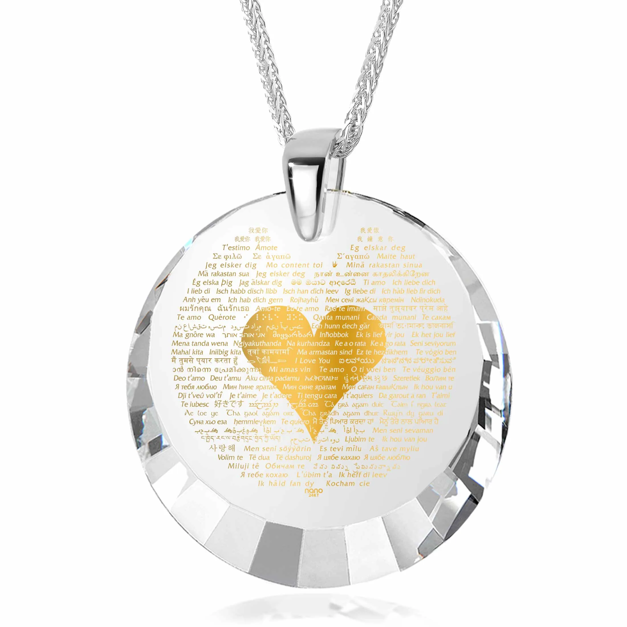 "I Love You" in 120 Languages, 14k White Gold Necklace, Zirconia