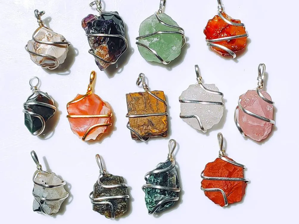 Raw Crystal Wire Wrapped Pendant Necklaces