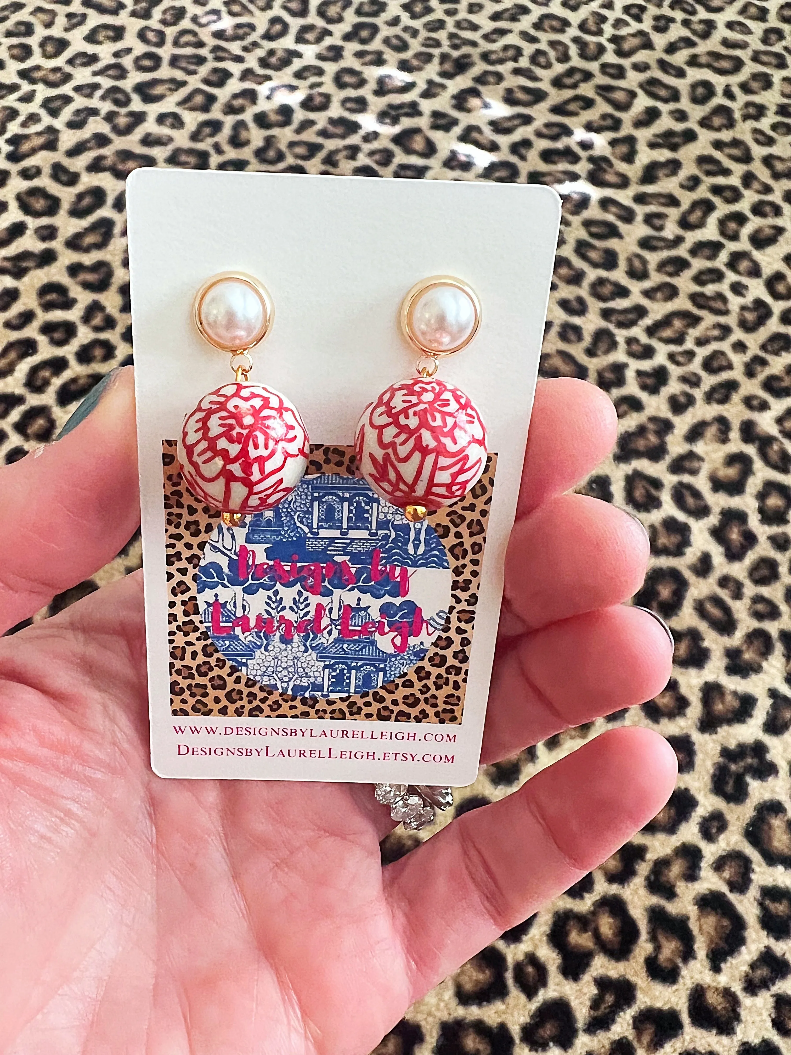 Red Chinoiserie Peony Pearl Earrings