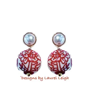 Red Chinoiserie Peony Pearl Earrings