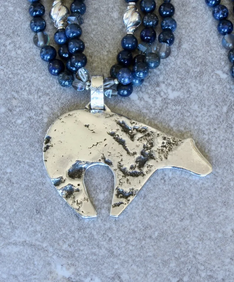 Reticulated Sterling Silver Bear Pendant with 3 Strand of Dumortierite Rounds, Czech Glass, and Sterling Silver Beads & Toggle Clasp