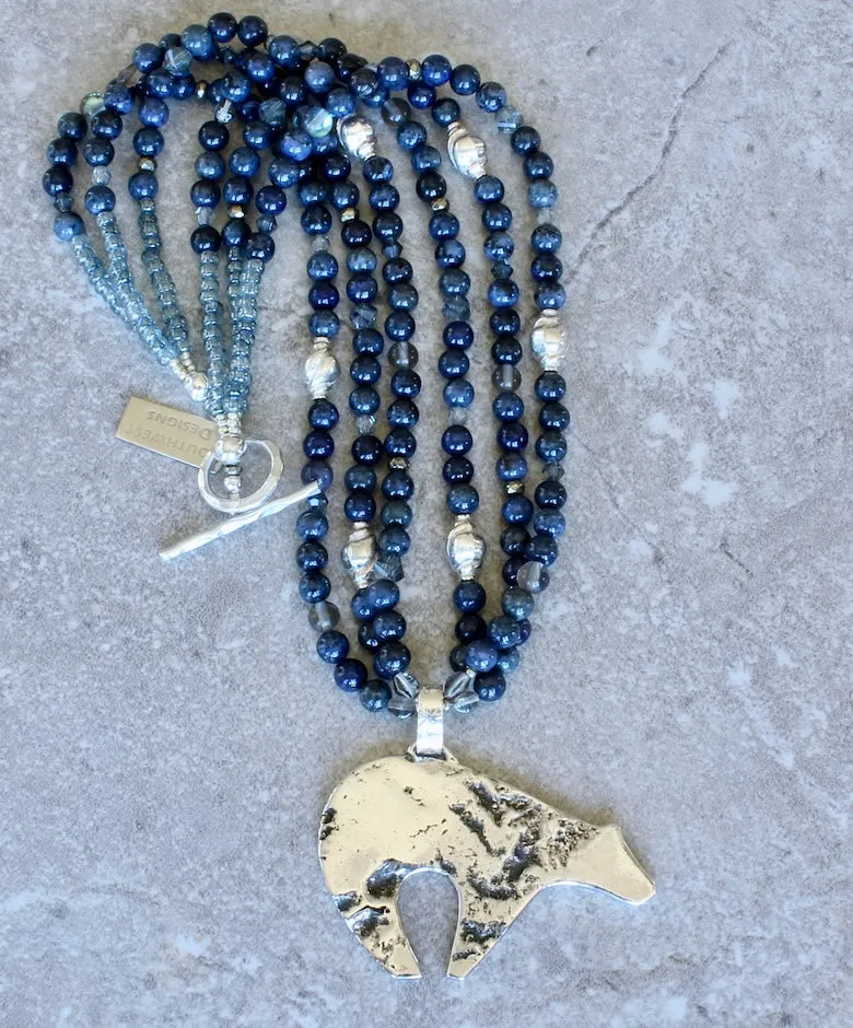 Reticulated Sterling Silver Bear Pendant with 3 Strand of Dumortierite Rounds, Czech Glass, and Sterling Silver Beads & Toggle Clasp