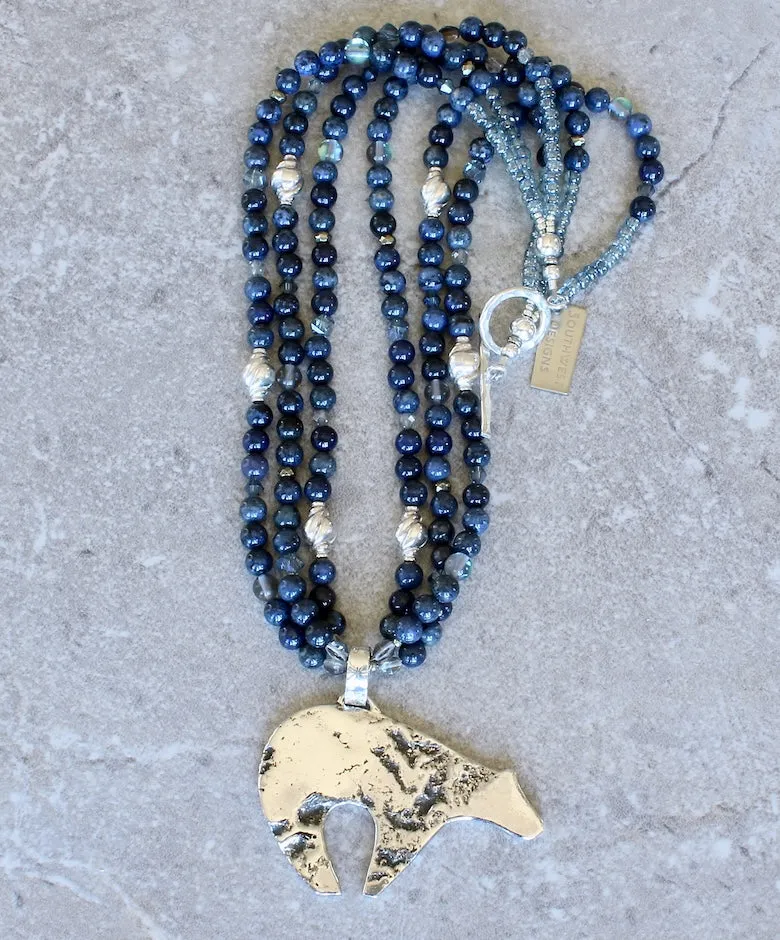 Reticulated Sterling Silver Bear Pendant with 3 Strand of Dumortierite Rounds, Czech Glass, and Sterling Silver Beads & Toggle Clasp