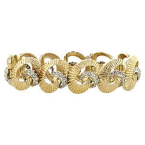 Retro 18K Gold Fluted Link and Diamond Bracelet