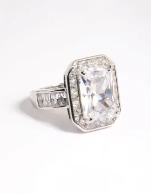 Rhodium Cubic Zirconia Emerald Cut Ring